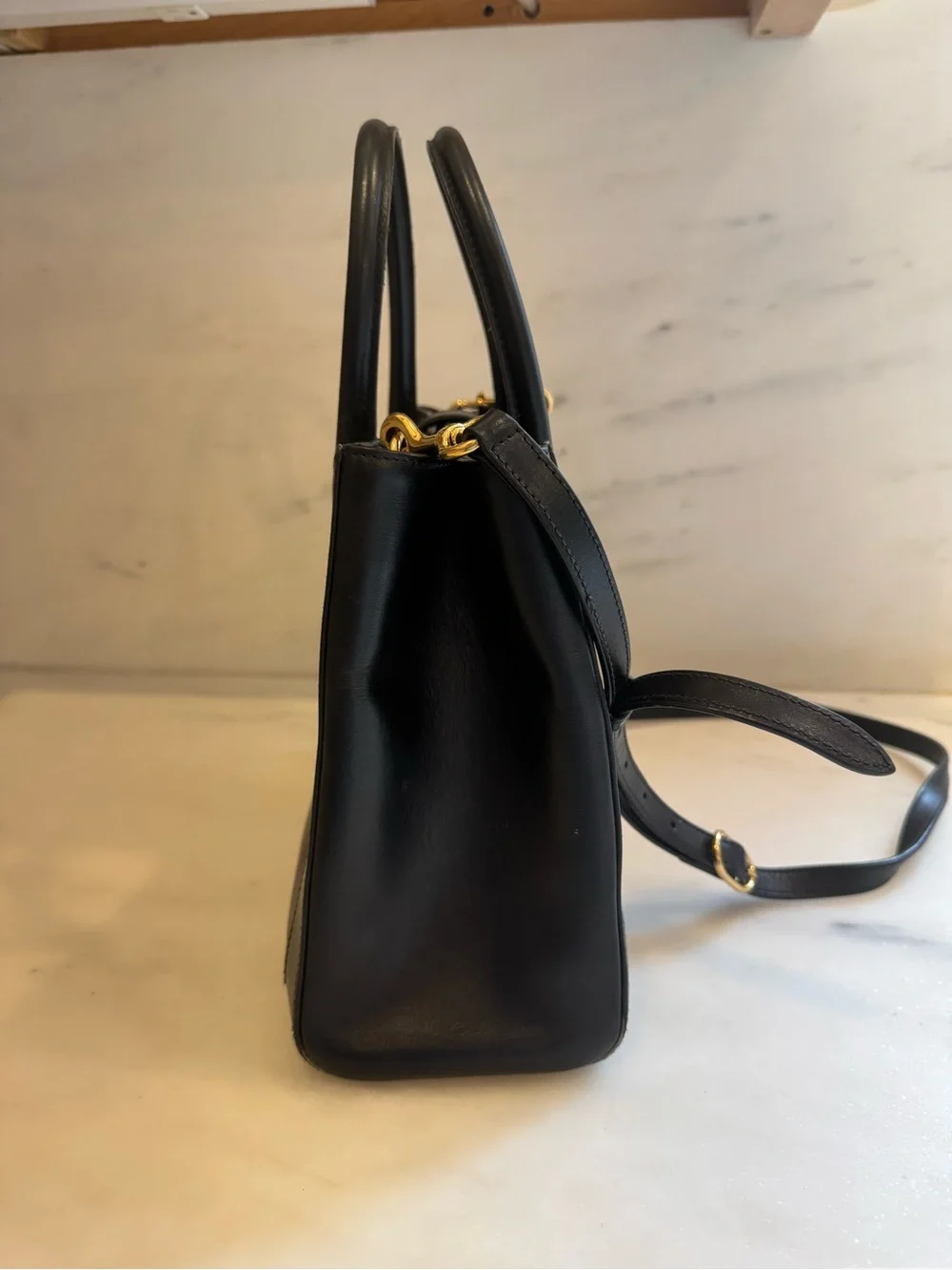 Gucci Classic Black Leather Top-Handle Satchel with Gold Hardware